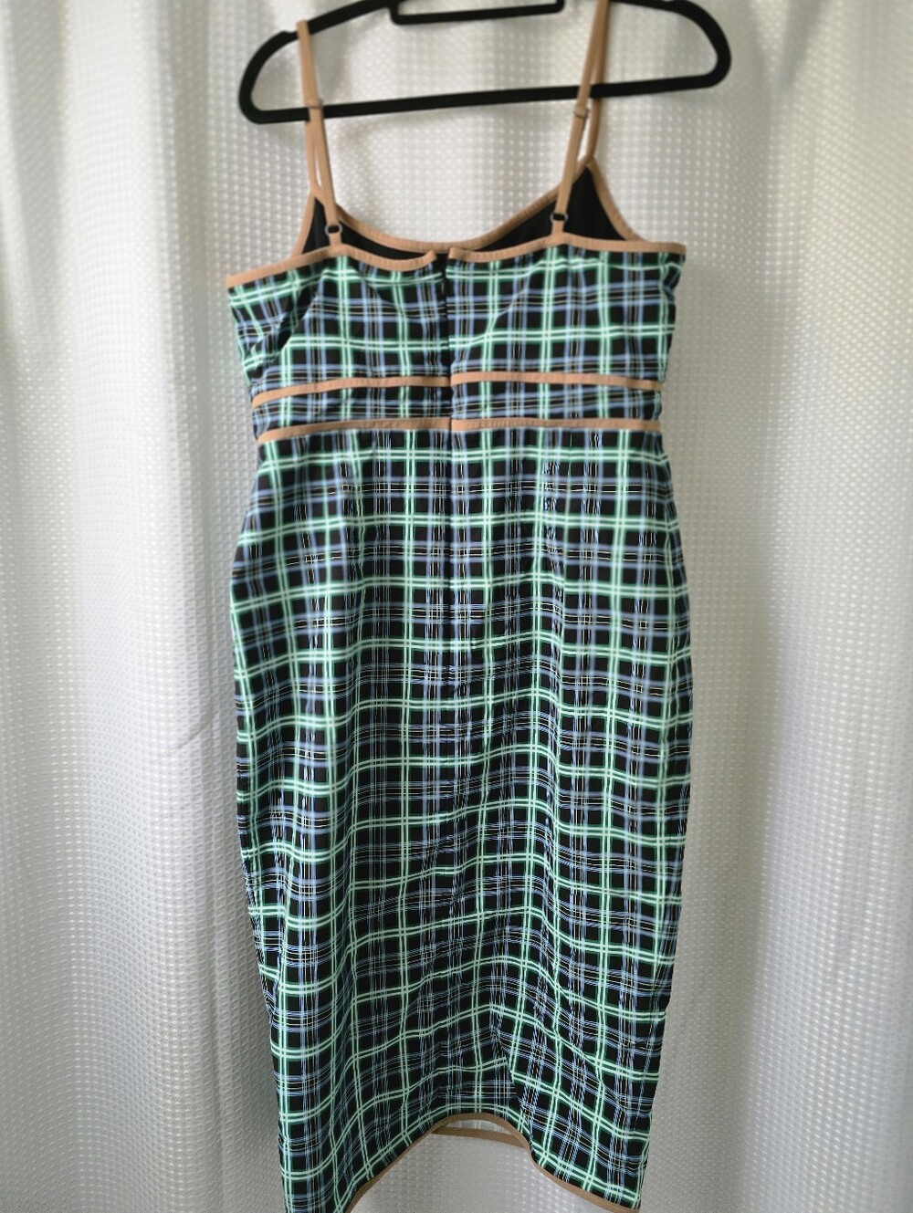 Maeve Green and Blue Plaid Midi Dress with Tan Trim